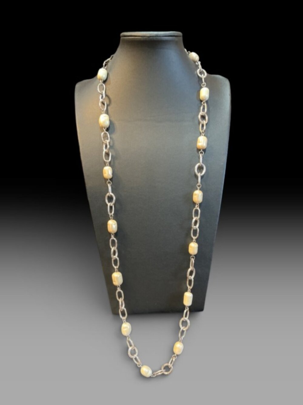 Vintage Faux Baroque Pearl Silver Tone Long Chain Necklace 36” Statement Unsigne